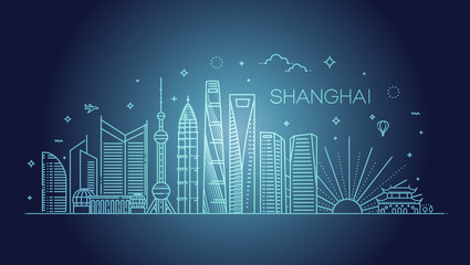 Shanghai architecture line skyline illustration. Linear vector cityscape with famous landmarks