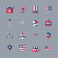 4th of July, independence day icons. Modern flat design set. For presentation, graphic design, mobile application, web design, infographics.