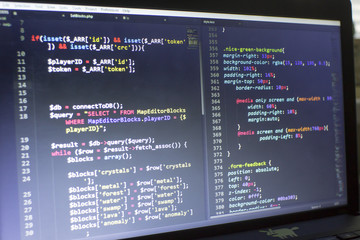 Web developer PHP code close up. Charging customer using Stripe API. Online payments processing. Abstract information technonology modern background. Concept screen of web developer.