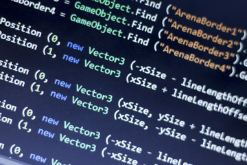 Software development C-Sharp (C#, .NET) code close up. Macro shot of game developer screen....