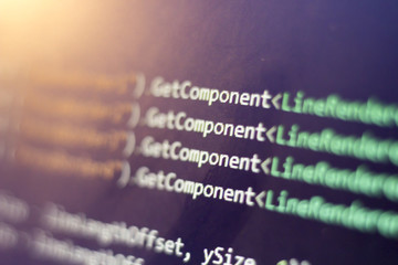 Software development C-Sharp (C#, .NET) code close up. Macro shot of game developer screen. Abstract information technology modern background.