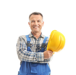 Mature male electrician with hardhat  on white background