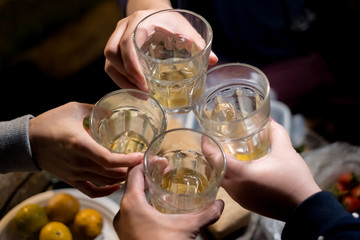 Shot in high iso with low light group of friend toasting with wine for celebration
