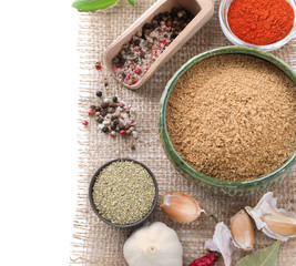 Composition with different spices on white background