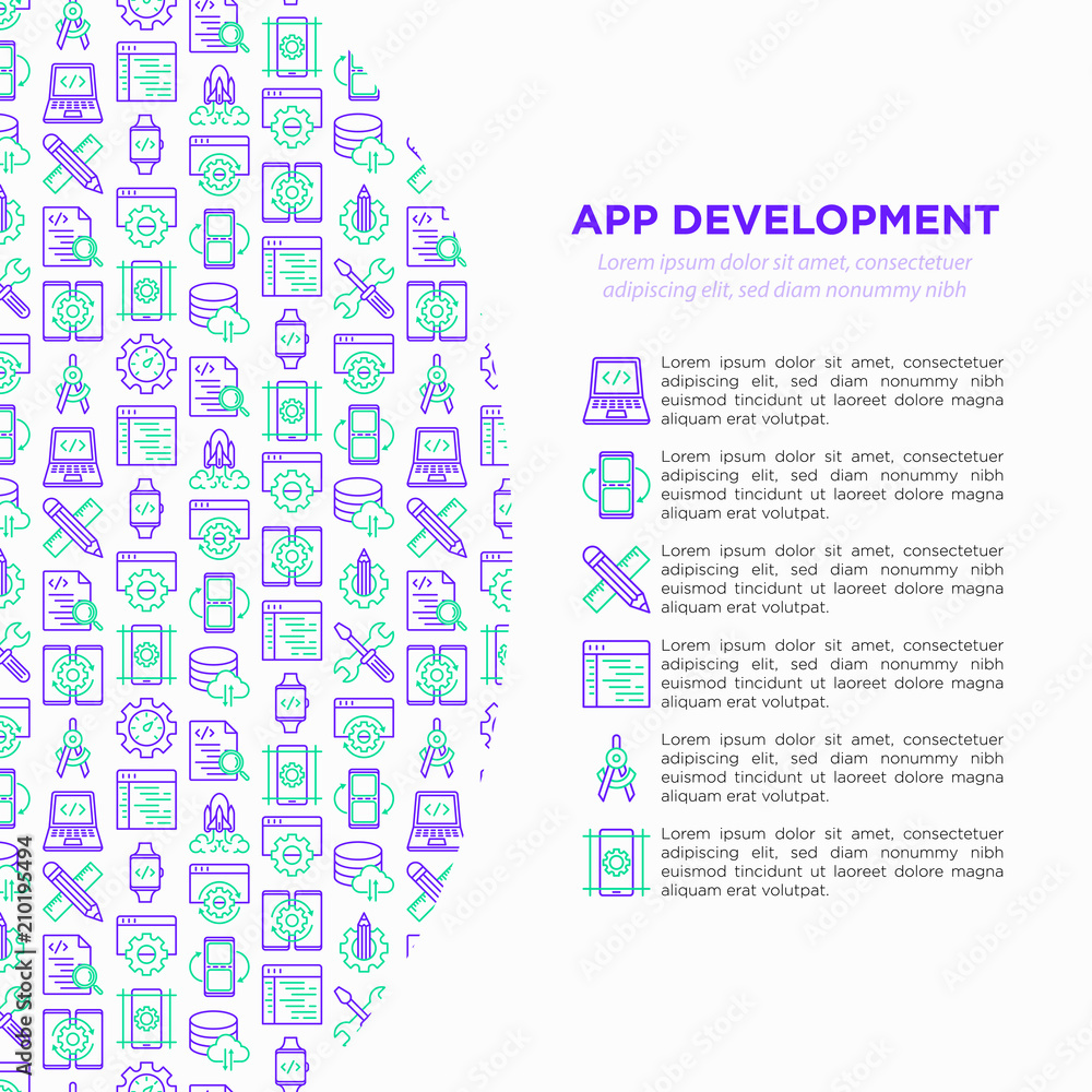 Poster app development concept with thin line icons: writing code, multitasking, smart watch app, engineeri