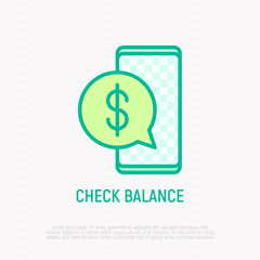 Check balance on smartphone thin line icon. Modern vector illustration.