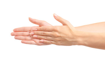 Female hand palm on white background isolation