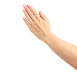 Female hand empty prayer on white background isolation