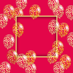 Golden frame and transparent balloons with spangles and confetti