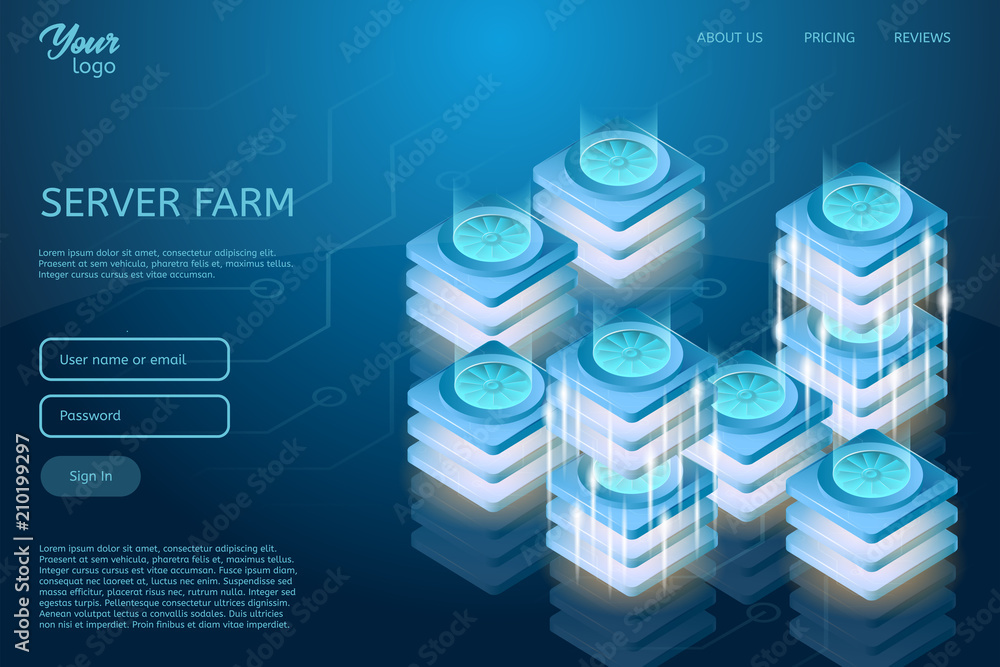 Poster concept of server room rack. web hosting and data center isometric vector illustration. ultraviolet 
