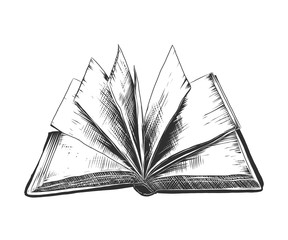 Fototapeta premium Vector engraved style illustration for posters, decoration and print. Hand drawn sketch of open book in monochrome isolated on white background. Detailed vintage woodcut style drawing. Book