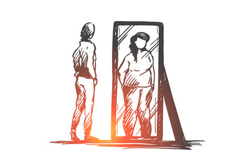 Girl, mirror, body, distorted, weight concept. Hand drawn isolated vector.