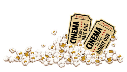 Cinema tickets for movie theater in popcorn, isolated white