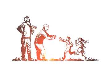 Grandparents, grandchildren, family, generation concept. Hand drawn isolated vector.
