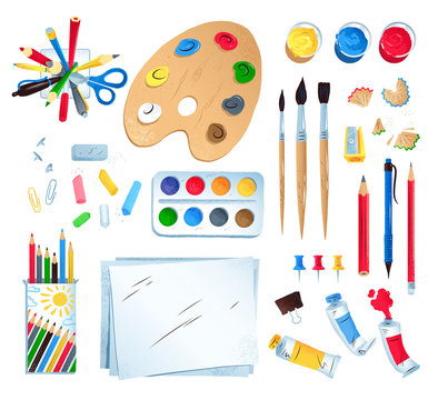 Top view vector illustration set of artist workplace 