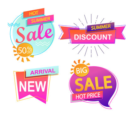 Set of 4 banner elements, sale and discount tag collection, hot summer special offer. Modern website stickers. Vector illustration.