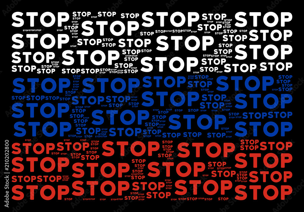 Poster russian national flag collage combined of stop text elements. vector stop text design elements are c