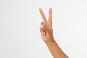 black Hand showing the sign of victory or peace closeup isolated on white background.Front view. Mock up. Copy space. Template. Blank.