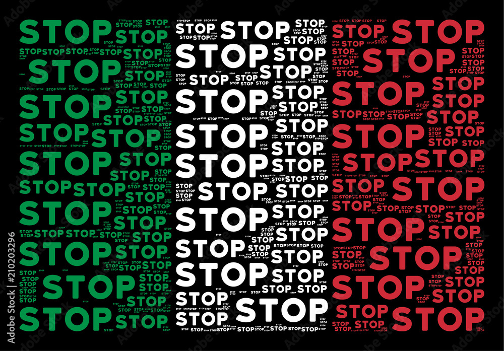 Poster italian official flag flat mosaic formed from stop text items on a black background. vector stop tex