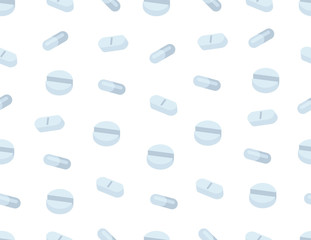 Seamless Pattern of Pills tablets in flat style. isolated on white background 