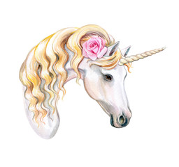 Unicorn with golden mane and flower wreath isolated on white background. Watercolor. Illustration. Template. Clip art.
