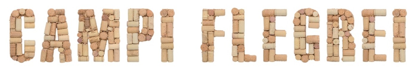 Word Campi Flegrei made of wine corks Isolated on white background