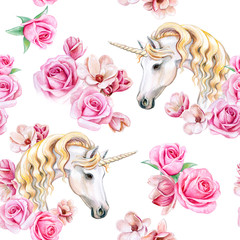Obraz na płótnie Canvas Unicorn with golden mane and flower wreath isolated on white background. Seamless Pattern. Watercolor. Illustration. Template. Clip art.