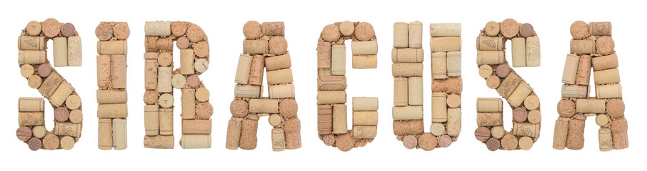 Word Siracusa made of wine corks Isolated on white background