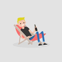 Young character sitting in a chaise lounge and drinking beer. Vacation. Summer. Weekend. Outdoor. Flat editable vector illustration, clip art