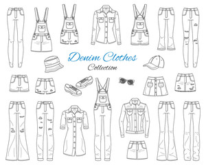 Denim clothes collection. Vector sketch illustration.