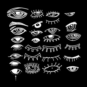 Eyes and eye icon set vector collection. Look and Vision icons. fantasy, spirituality, mythology, tattoo art, coloring books. Isolated vector illustration.