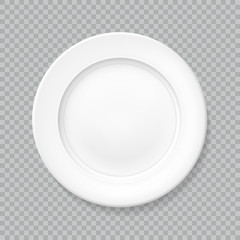 White realistic plate top view with shadow, isolated vector object on transparent background. Empty dish for food. Kitchen dishware. Template for food presentation.