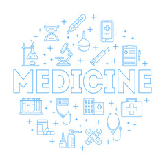 Collection of medicine line icons in circle frame. Health care elements set. First aid and therapy objects. Medical services, ambulance, diagnostic equipment and pharmacology. Vector illustration.