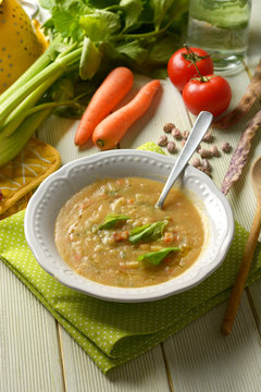 assorted vegetable soup with ingredients around