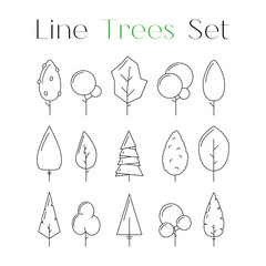 Cute line design art tree icons set. Collection of nature forest or park elements. Flat natural signs. Objects for decoration of card, poster, banner concept.  Vector illustration isolated