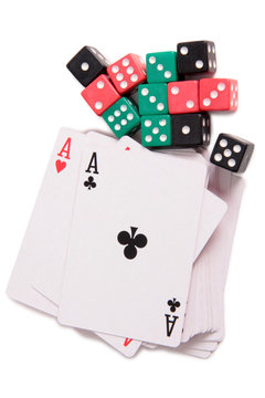 Cards and dives for casino with on white background