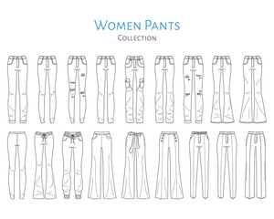 Women pants collection, vector sketch illustration.