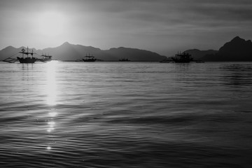 Sunset at the sea. Philippine boats at sea, Boracay, El Nido, Philippines