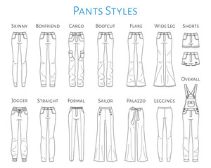 Women pants collection, vector sketch illustration.