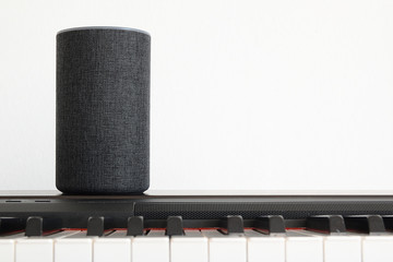 Personal assistant connected loudspeaker in a Smart Home on a piano in a living room. Empty copy...
