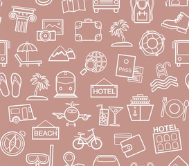 Travel, vacation, tourism, leisure, seamless pattern, contour, lilac. Different types of holidays and ways of travelling. Vector, color background. White line drawings on a pink-brown field.  