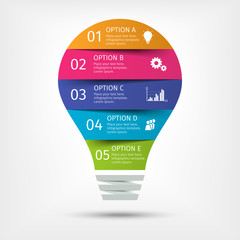 Modern colorful light bulb infographics. Business startup idea lamp concept with 5 options, parts, steps or processes. Template for presentation, chart, graph. Vector illustration.