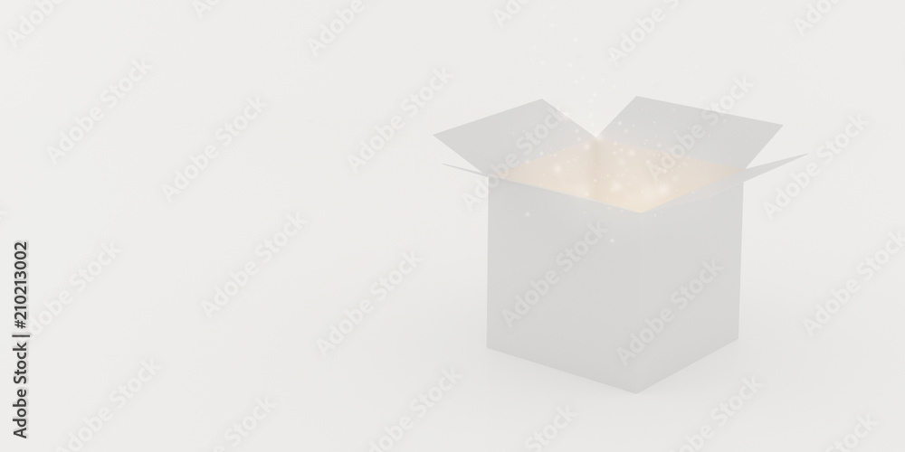 Poster closeup of white open box with outgoing light isolated on white background, 3d rendering