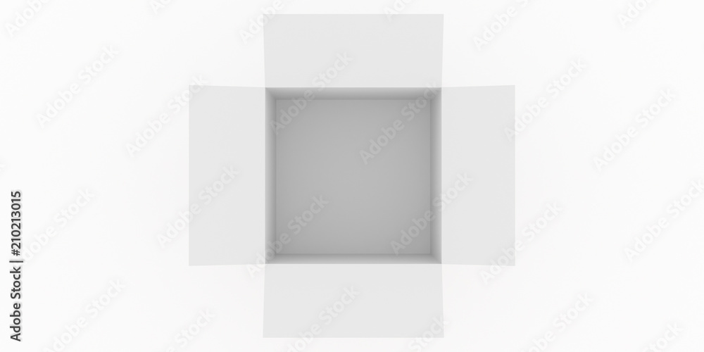 Poster closeup of white open box isolated on white background, 3d rendering