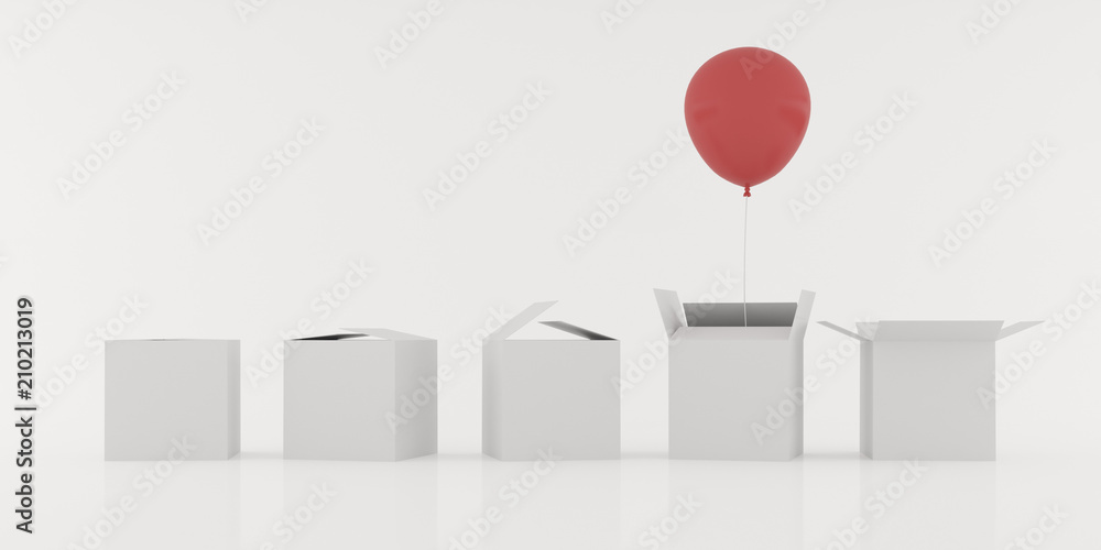 Poster Abstract of red balloon floating out from the open white box on white background, 3D rendering