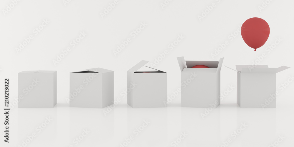 Poster Abstract of red balloon floating out from the open white box on white background, 3D rendering