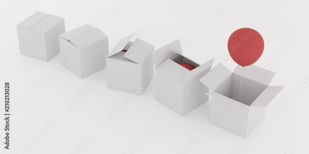 Aufkleber Abstract of red balloon floating out from the open white box on white background, 3D rendering
