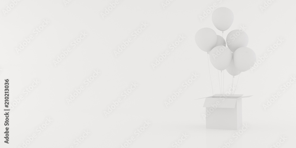 Poster Abstract of white balloon floating out from the open white box on white background, 3D rendering