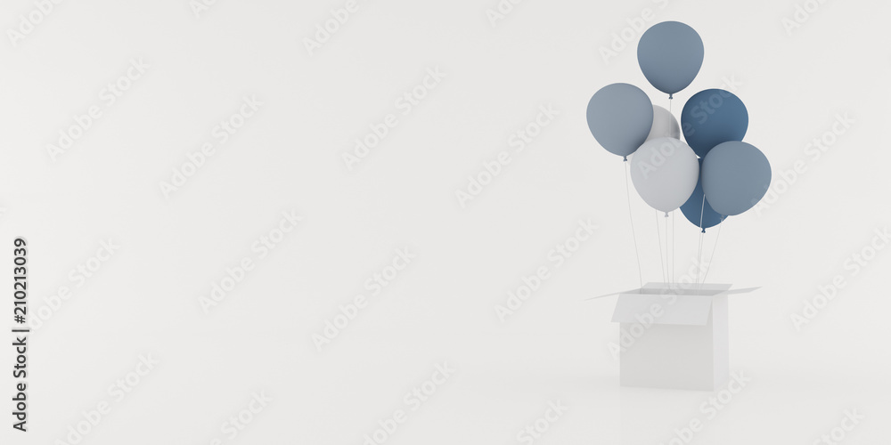 Poster Abstract of colored balloon floating out from the open white box on white background, 3D rendering
