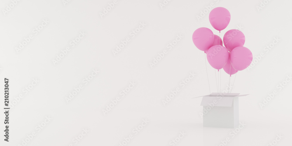 Poster abstract of pink balloon floating out from the open white box on white background, 3d rendering